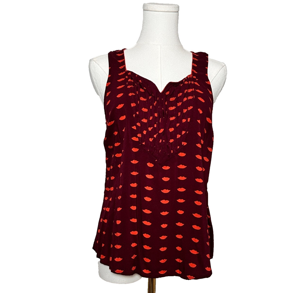 Maeve Amory Lip Print Kiss Pattern Pleated Top Burgundy Orange Medium Size 10